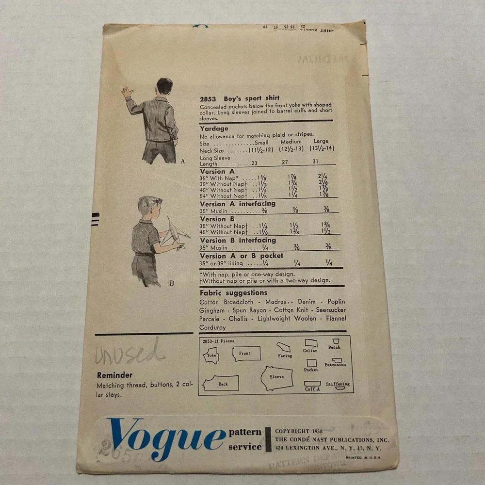 Vogue Vintage 1950's Pattern #2853 Boys‎ Sport Shirts Size Medium Neck 12.5-13